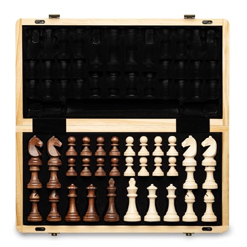 A&A Magnetisches Schach-Set aus Holz, 38,1 cm, klappbares Brett, 7,6 cm, Königshöhe Deutscher Ritter Staunton Schachfiguren/2 extra Königin/Brettspiele