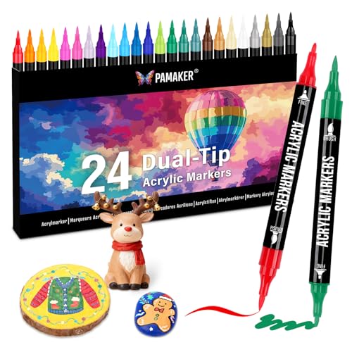 Pamaker 24 Farben Acrylstifte Set – Acrylmarker mit feiner Spitze und Pinsel für Stoff, Leinwand, Glas, Holz und Papier – Ideal für Kinder und Erwachsene, zum Zeichnen und DIY-Bastelprojekte