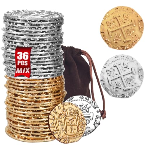 ZUCOS Piraten Münzen Zubehör,Goldmünzen-Set, Metall Goldtaler Deko Dublonen für DND Brettspiele, Cosplay, Realistische Mittelalter Geld-Imitation, Piratenschatz (Gold and Silver 36 PCS, Large)