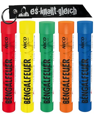 Bengalfeuer Mix 5 Stück je 1x in Rot Blau Gelb Grün Orange von NICO Europe mit Anhänger