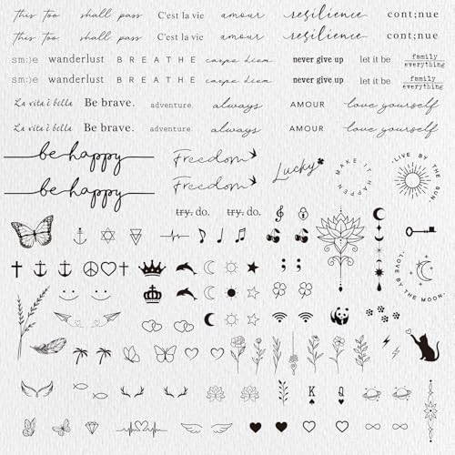 COMOOKA 3 Blätter 130+ Stück Temporäre Tattoos Langanhaltend Wasserfest 2 Wochen Fake Tattoos Sprüche für Frauen Mann Klebetattoos