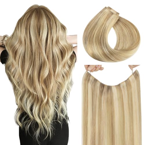 hotbanana Secret Hair Extensions Echthaar, 35cm 75g Remy Haarverlängerung mit Draht Invisible Secret Draht Extensions Echthaar Fish Line Haarverlängerungen Hellblond mit Strähnchen (Aschton)
