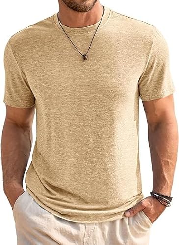 Runcati Herren T-Shirt Rundhals Kurzarm Sommer Oberteile Regular Fit Sport Fitness Funktionsshirt Einfarbig Basic Unterhemd Business Shirts Helles Khaki L