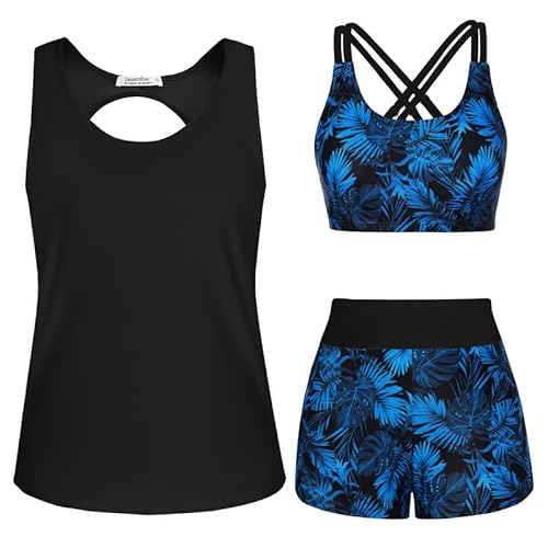 JASAMBAC Tankini Damen Set,3-teiliger Push-up-Bikini Oberteil und High Waist Badeshorts, Einfache Badebekleidung,Damen-Sport-Badeanzug,Bademode für Schwimmbad, Strand