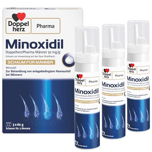 Minoxidil DoppelherzPharma Männer 50 mg/g Schaum zur Anwendung auf der Haut (Kopfhaut) – Arzneimittel zur Behandlung von erblich bedingtem Haarausfall bei Männern ab 18 Jahren (3 x 60g)