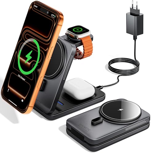 KPON Magsafe Ladestation für Apple Watch und iPhone, 3 in 1 Faltbares Magsafe Ladegerät Schnellladung Kompatibel mit iPhone 17-12, Apple Watch 11-2, AirPods, Reise & Büro, inkl. 20W Adapter