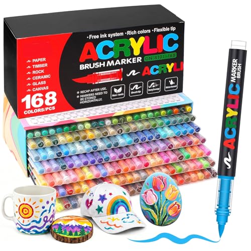 Melifluo 168 Acrylstifte Wasserfest – Acrylmarker mit Pinselspitze 1–6 mm