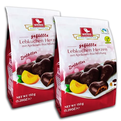 2er Pack Weiss gefüllte Zartbitter Lebkuchen Herzen mit Aprikosenfüllung 2x 150g