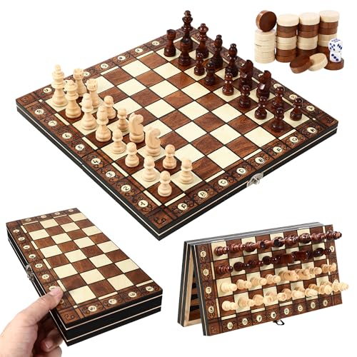 Schachspiel aus Holz, Tragbares Faltbares Schachbrett, 3-in-1-Schachspiel Magnetisches, Hochwertig Chess Board für Familie Aktivitäten, Erwachsene Kinder Partys, Reisen Schach (29 cm x 29 cm)
