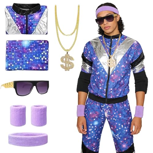 80er 90er Jahre Outfit Herren Damen, Faschingskostüme Damen Männer, Disco Kostüm mit Jacke Hose Halsketten und Brille, Retro Style Jogginganzug Unisex, Kostüm für Karneval Fasching Mottoparty (L)