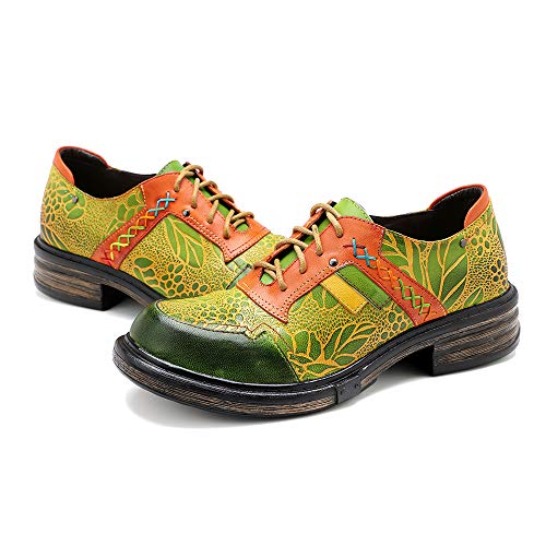 CrazycatZ Damen Leder Oxford Schuhe Perforierte Schnürspitze Bunte Leder Vintage Bunte Schuhe (Green, Erwachsene, 37, Numerisch, EU Schuhgrößensystem, M)