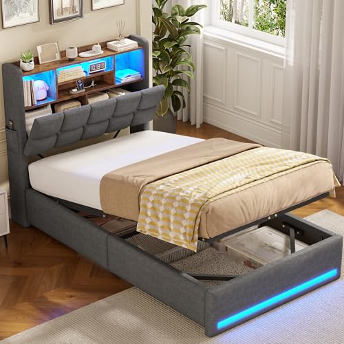 AOGLLATI Polsterbett 90×200cm Hydraulisches Stauraumbett mit LED-Bleuchtung Jugendbett mit Ladestation Einzelbett mit Stauraum Kopfteil, Leinenstoff, ohne Matratze(Grau, 90x200cm)