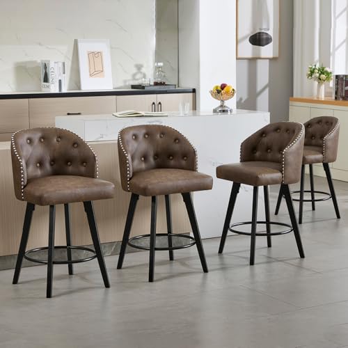 KHISCHMO Barhocker 4er Set Barstuhl aus Leder 360° Drehbar mit Holzrahmen Frühstück Barstühle für Esszimmer Armlose Tresenhocker für Küchentheke Bar, Braun