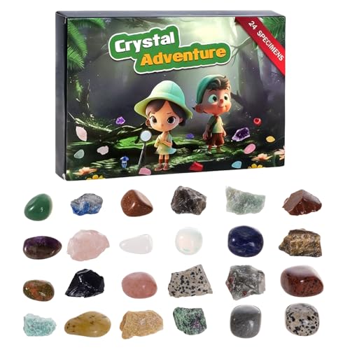 Adventskalender 2025 für Kinder mit Natürlichen Edelsteinen Kristallen und Mineralien, 24 Tage Weihnachtskalender Countdown Geschenk zum Sammeln und Lernen für Jungen und Mädchen