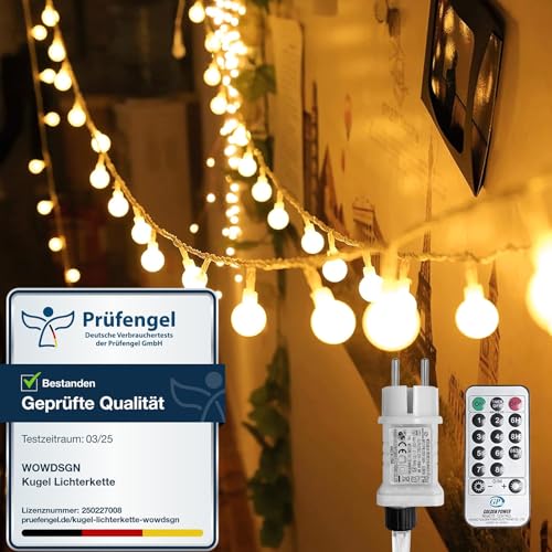 WOWDSGN Kugel Lichterkette, 100 LEDs 10m Dimmbar, Partylichterkette mit Stecker für Innen und Außen, 8 Leuchtmode, Enegiesparend, ideal für Weihnachten, Hochzeit, Party, Garten, Warmweiß