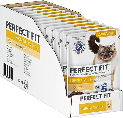 Perfect Fit Sensitive 1+ Katzennassfutter mit Huhn in Sauce, 12 Portionsbeutel, 12x85g – Premium Katzenfutter nass, für sensible Katzen ab 1 Jahr, ohne Weizen & Soja, zur Unterstützung der Verdauung