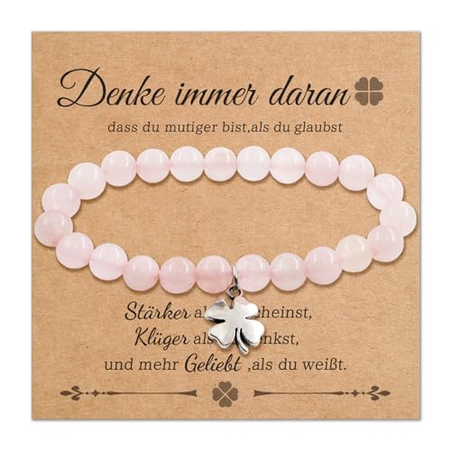 Rosenquarz Edelstein Armband,Perlenarmband mit Vierblättriges Kleeblatt,Mutmacher Geschenk Motivationsgeschenke für Damen,Armbänder für Schwester Freundin Freundschafts,Geschenkideen Armband