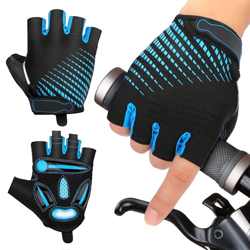 JTENG MTB Handschuhe,Halbfinger Sommer Fahrradhandschuhe für Männer und Frauen,Stoßfestes GELAtmungsaktivBequemRutschfest Geeignet für Motorräder Fahrräder MTB Fitnessstudio (Blau, L)