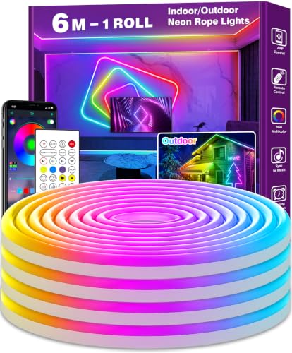 LETIANPAI 6m Neon LED Strip, Flexible LED Strips, Control with App/Remote, Multiple Modes, Waterproof, Music Sync Gaming Strip Lights for Bedroom Indoor, IP65 Outdoor RGB Neon Lights