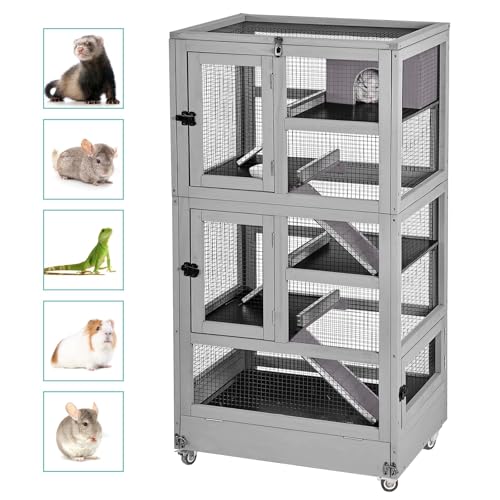 Akinerri Großer Meerschweinchenkäfig,5 Levels Hölzerner Frettkäfig mit Rädern, Chinchilla Käfig Upgrade Metallrahmen Rattenkäfig für Indoor Outdoor (5 Level)