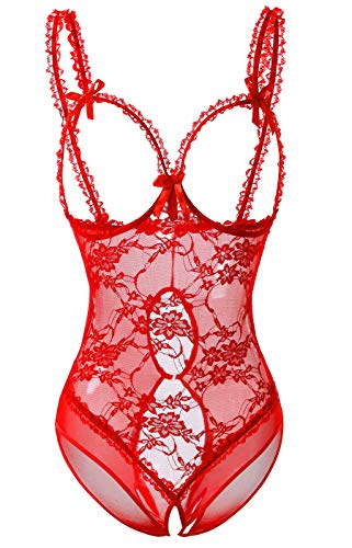 Acramy Damen Reizwäsche Body Offener Schritt Große Größen Dessous Ouvert (4XL, Rot)
