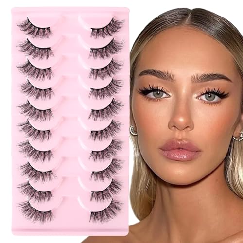 AUYAO 3D Volume Band Falsche Wimpern Wimpernverlängerung Set DIY Cluster Lashes Natürliche Wispy Lashes Cat Eye Natürlicher Look Wiederverwendbare Kurze Fake Eyelashes für Auftritt Alltag Party 10PC-A