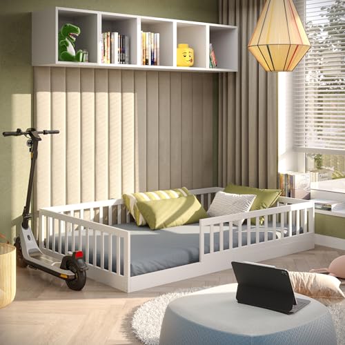 CADANI Timi 2in1 Bodenbett 120x200 cm Montessori Kinderbett mit abnehmbaren Rausfallschutz inkl. Lattenrost, Kiefer Massivholz, weiß - 3 Aufbauvarianten, bis 200 kg belastbar, umbaubar