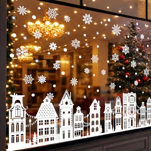 Fensterbilder Weihnachten Selbstklebend Häuser, QXRXN Winter Weihnachts Fensterbilder Groß Weiß Schneeflocken Weihnachtsdeko Innen Fenster, PVC Fensterbild Weihnachten Deko Fenstersticker Fenstersdeko