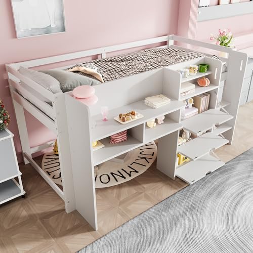 EINHOM Kinderbett 90x200 cm, Halbhohes Bett mit Hausform und Stauraum, mehrere Staufächer, Etagenbett mit Sicheren Geländerstangen und Stabilen Leiter, Holzbett, Weiß (Ohne Matratze)