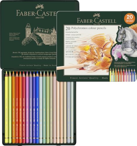 Faber-Castell - Polychromos Buntstifte, 20 Farben im Metalletui | Künstlerfarbstifte mit 3,8 mm Mine, lichtbeständigen Pigmenten und weichem, sattem Farbauftrag