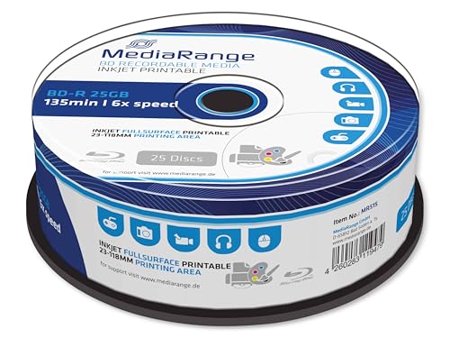 MediaRange BD-R 25GB 6-Fache Schreibgeschwindigkeit, Vollflächig bedruckbar, weiß, Cake 25, MR515