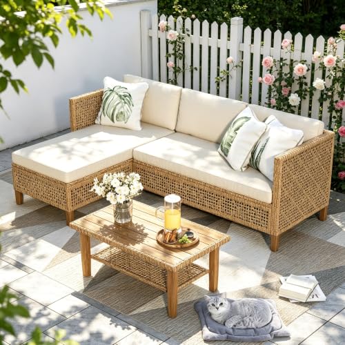 PHI VILLA Gartenmöbel Set Balkonmöbel 3 Teilig, Rattan Lounge Möbel Outdoor mit 1 Chaiselongue, 1 Zweisitzer-Sofa und 1 Kleiner Couchtisch, 4 Personen Terassenmöbel Außen Gartensofa