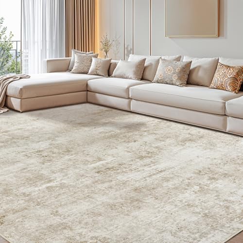 DEITAS Waschbarer Abstrakte Teppich Wohnzimmer 160x230cm, Ultraweicher Kurzfloriger Teppich, Großer Flächenteppich Mit Rutschfester Unterseite, Großer für Schlafzimmer und Esszimmer(Beige)