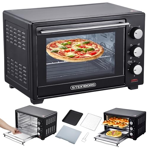 STEInBORG Mini Backofen 25 Liter | Pizza-Ofen | 3in1 Backofen | Minibackofen | Miniofen | Krümelblech | Ober-/Unterhitze | Konvektion | 60 minTimer | 1.600 Watt