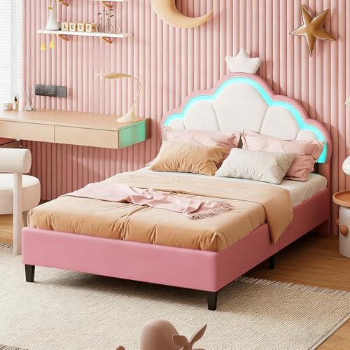 BPKADHY Polsterbett Kinderbett 90x200 cm, Mädchenbett Prinzessinnenbett mit LED, Höhenverstellbares Kopfteil, Einzelbett Bettgestell mit Lattenrost für Schlafzimmer, Loft, Samtstoff, Rosa