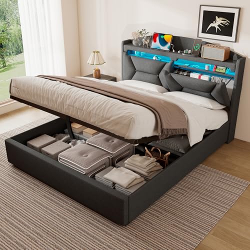 ZUUYEE Polsterbett Doppelbett 140x200 cm mit LED, USB C, Hydraulische Bett mit Stauraum und Kopfteil, Stauraumbett Bettgestell mit Metallrahmen Bettkasten und Lattenrost, Leinen, Grau, Ohne Matratze