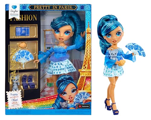 Rainbow High Pretty in Paris Modepuppe - Skyler Bradshaw - 28 cm große Modepuppe in Blau mit Welpen, Handtasche und Accessoires, zum Spielen, beweglich, Sammlerstück, für Kinder von 4 bis 12+ Jahren