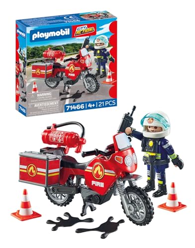 PLAYMOBIL | City Action| Feuerwehrmotorrad am Unfallort | Rasante Fahrt zum Einsatz | Mit vielfältigem Zubehör wie Funkgerät und Feuerlöscher | Realitätsnahes Spielzeug für Kinder ab 4 Jahren | 71466
