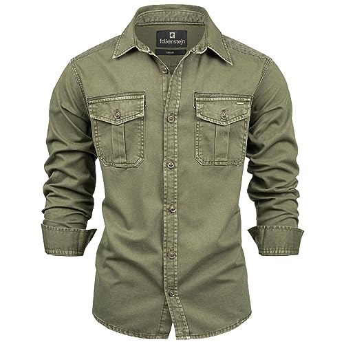 FALKENSTEJN Herrenhemd - Modell Riccaldo - 100% Baumwolle – Vintage Hemd Cargo Langarm-Hemd für Männer - Hoher 3 Farben (M, Army)