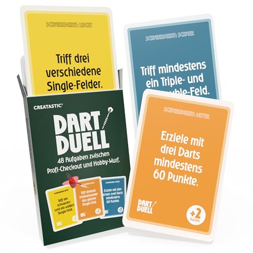 Creatastic - Dart Duell Kartenspiel, Dart Zubehör Kartenspiele Geschenk, 48 Aufgaben in 3 Schwierigkeitsstufen, hochwertiger 400 g/qm Quartett Karton, perfekt als Darts Zubehör Dartspiel Geschenk