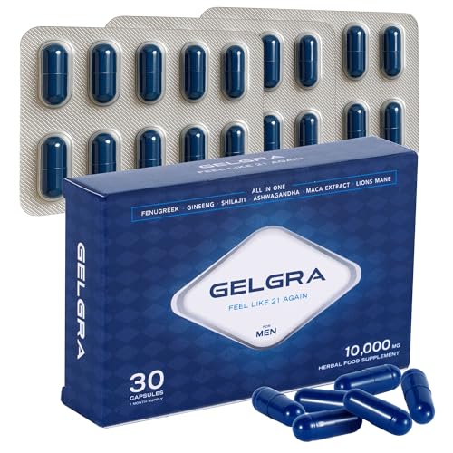 Gelgra für Männer | 30 Ultra Starke All-in-ONE Kapseln 10.000 mg | Ginseng | Shilajit | Löwenmähne | Ashwagandha | Maca | Tribulus | Leistung & Ausdauer