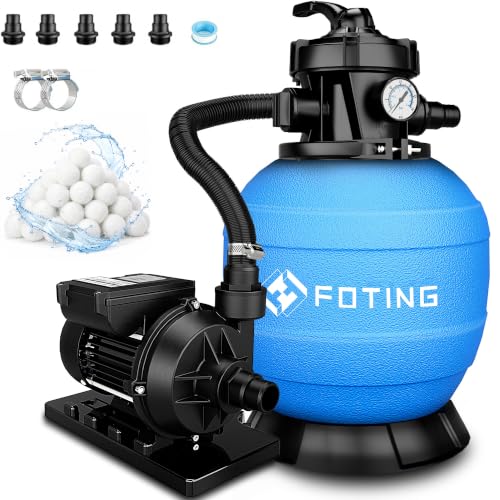 FOTING Sandfilteranlage Pool 11.500 L/h mit 24-Stunden Timer | Filteranlage 7-Wege-Ventil mit Druckanzeige & 2in1 Adapter Ø32mm-38mm | 400W Poolfilteranlage inkl. 200g Filterbälle