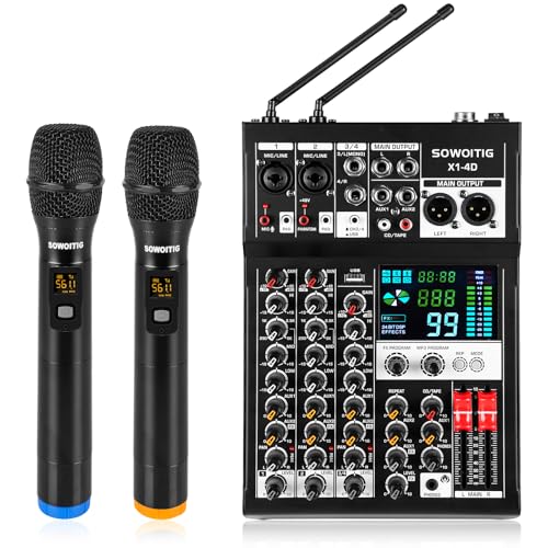 4-Kanal-Audiomixer mit 2 Kabellosen Mikrofonen, Professionelles Mischpult DJ-Konsole mit 99 DSP MP3 Bluetooth 48V Phantomspeisung PAD und USB-Schnittstelle für Aufnahme, Heim-Karaoke & Live-Streaming