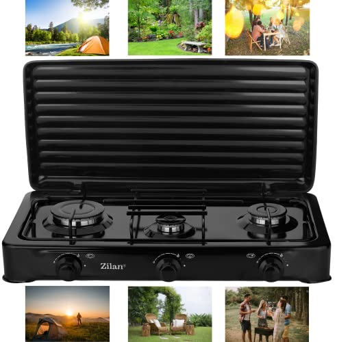 Gaskocher Camping & Outdoor 3-Flammig Gaskochfeld 30-50mbar Gasherdplatte Gas Kochplatte - abnehmbarer Deckel -Campingkocher für Gasflasche
