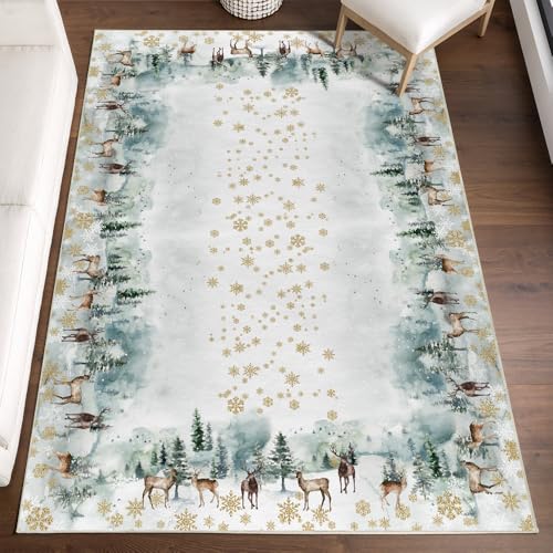 Artoid Mode Golden Schneeflocken Bäume Rentier Weihnachten Teppich, 120x170 cm Relax Kuscheliger Anti-Rutsch Unterseite Küche Wohnzimmer Dekoration