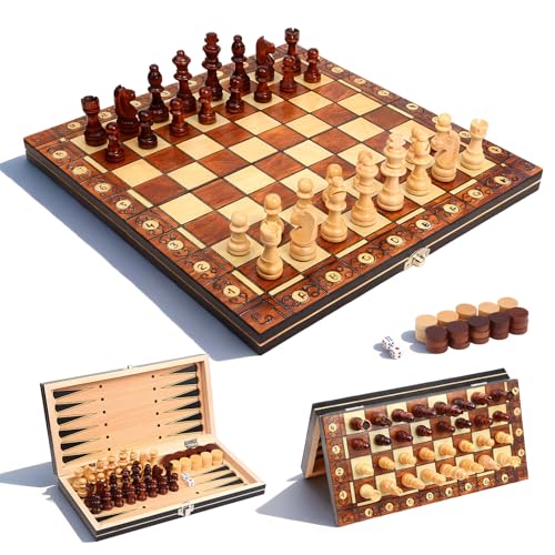 Schachspiel Holz Magnetisch | 3-in-1 Set mit Dame & Backgammon | Schachbrett Holz für Anfänger & Reise | Schachspiel Kinder Klappbar - Ideales Schach Geschenk für Erwachsene & Familie