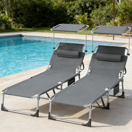 Soontrans 2PCS Große Sonnenliege mit Dach, 194 x 67.5 x 29cm, Gartenliege Klappbar, Liegestuhl Garten mit Verstellbarer Rückenlehne, Seitentasche, Kopfkissen, bis zu 150 kg, für Garten (Anthrazit)