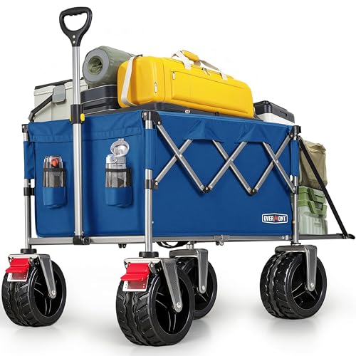 Overmont Klappbar Bollerwagen mit Faltbarer Heckklappe - Alle Gelände Räder - 200L großes Fassungsvermögen mit Seitentaschen Getränkehalter Verstellbarem Griff - bis 120 kg Tragkraft Blau