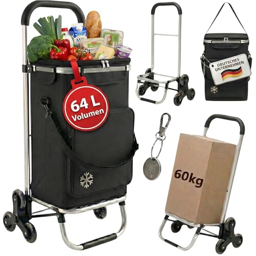 EdelFaktum Einkaufstrolley Treppensteiger 64L groß, Einkaufstasche mit Dreirad klappbar, Einkaufswagen bis 60kg, Trolley mit Kühlfach, Einkaufsroller mit Reflektor, Handwagen schwarz