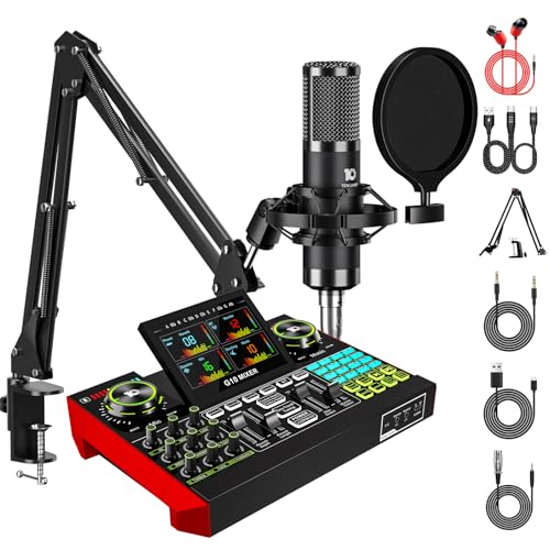 podcast equipment, bestehend aus einem Audio mixer Mischpult und einem 3,5-mm-Kondensatormikrofon, geeignet für PC und Smartphones, für Live-Singen. Das Soundboard unterstützt die voice changer